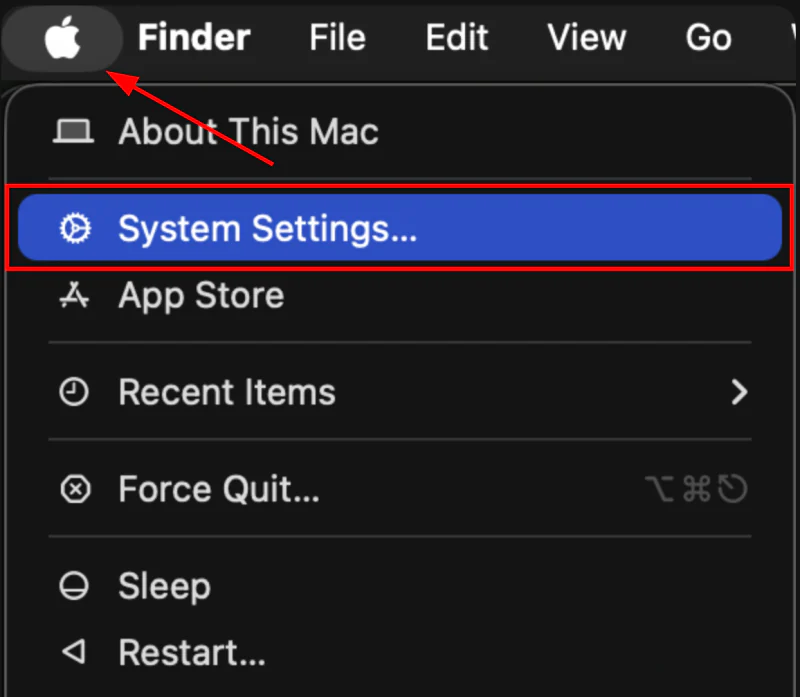 The Apple menu, opened from the top-left corner of the screen, with System Settings highlighted.