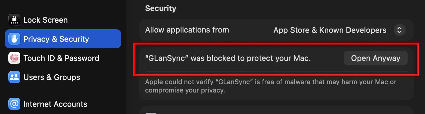 System Settings, Privacy and Security: &ldquo;GLanSync&rdquo; was blocked to protect your Mac, with the Open Anyway button highlighted.